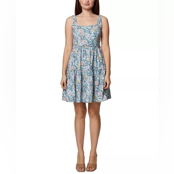 BCBGeneration Square Neck Mini Dress Women's 12 Geo Floral Ruffled Zip Closure - Picture 3 of 14